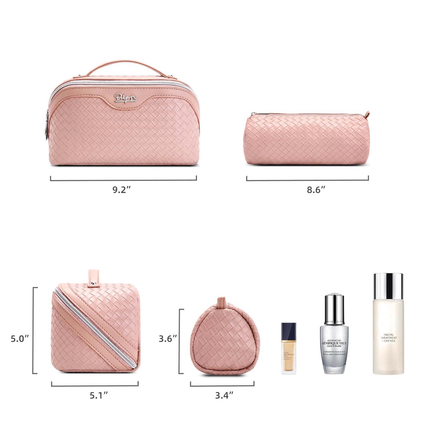 BOYATU Travel Makeup Bag Cosmetic Bags for Women: Large Capacity 3 Pcs Set Make up Bag with Compartments - Waterproof Vegan Leather Toiletry Organizer Bags with Handle (L04 Light Pink)