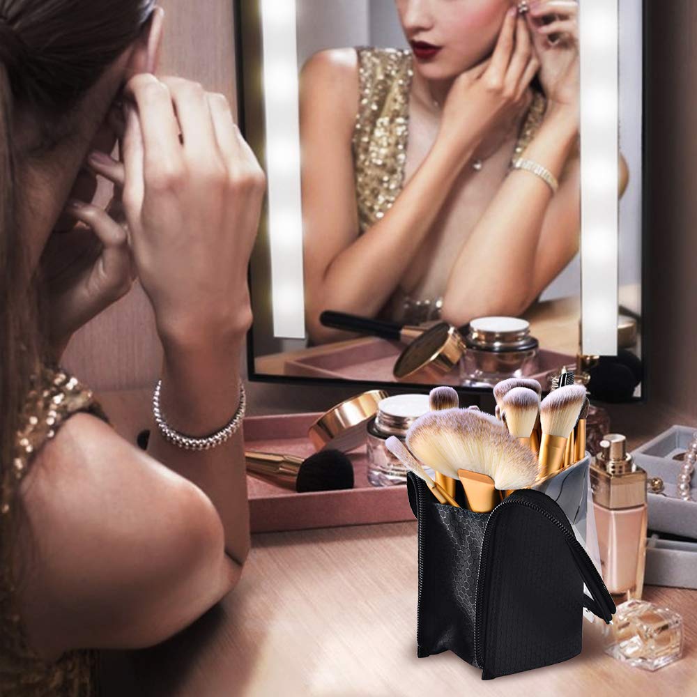 couragejoy Travel Make-up Brush Holder Organizer Bag，Clear Plastic&Oxford Cosmetic Zippered Case，Portable Waterproof Stand-Up Makeup Brush Pouch, Professional Artist Small Toiletry Cup (Black)…