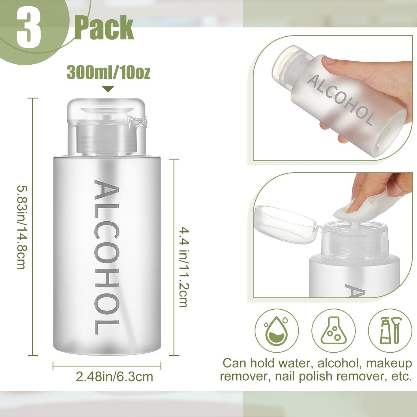 Layhit 3 Pcs 10 oz Alcohol Pump Dispenser Bottles Alcohol Push Down Liquid Dispenser Empty Pumping Bottle Refillable Cosmetic Container for Personal, Salon, Nail Care (Clear Cap + Frosted Bottle)