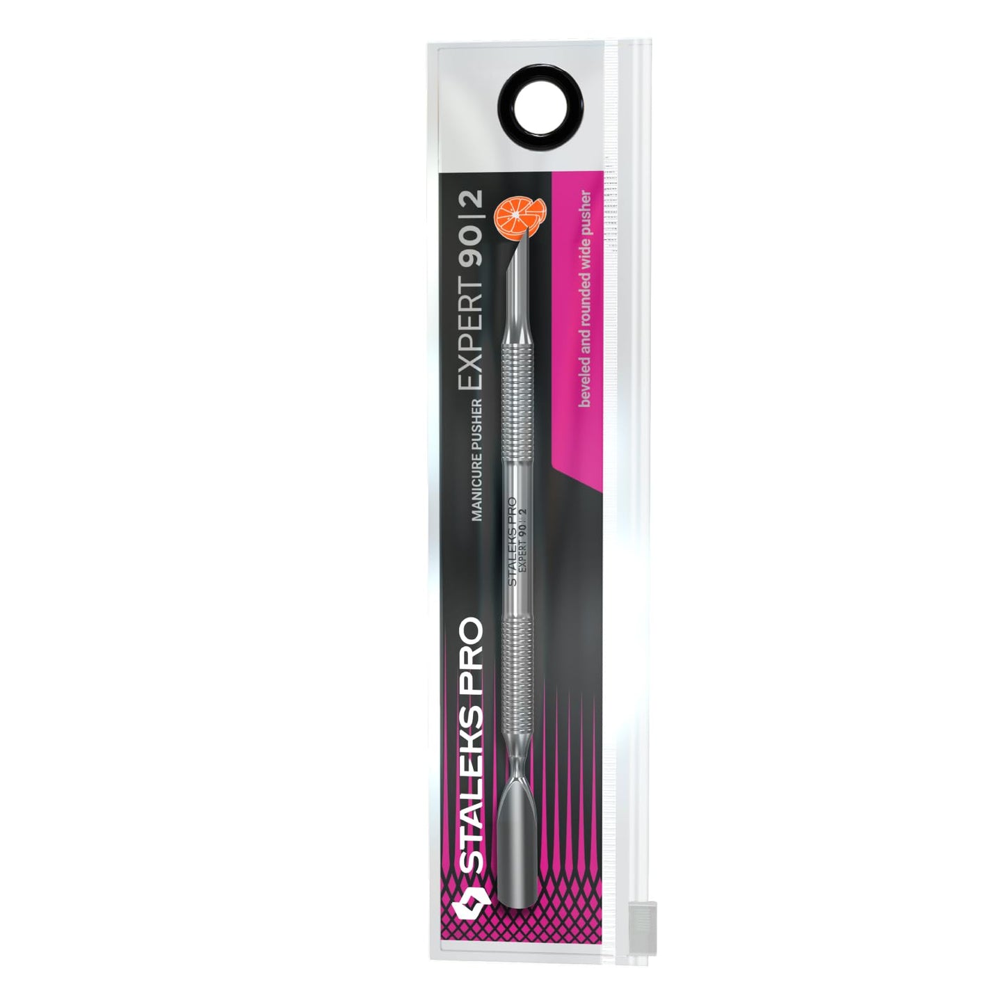 Staleks Pro Manicure Pusher EXPERT 90 Type 2 – Beveled & Rounded Wide Ends – Stainless Steel – Non-Slip Handle
