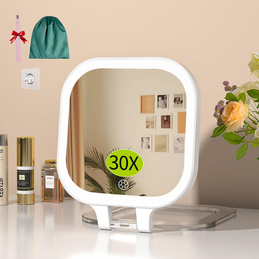 FUNTOUCH 7" Travel Makeup Mirror 30X Magnification,Rechargeable Double Sided Lighted Portable Vanity Mirror with Lights, 3 Color Lights & Adjustable Brightness, 300°Rotation, Gift for Women,White