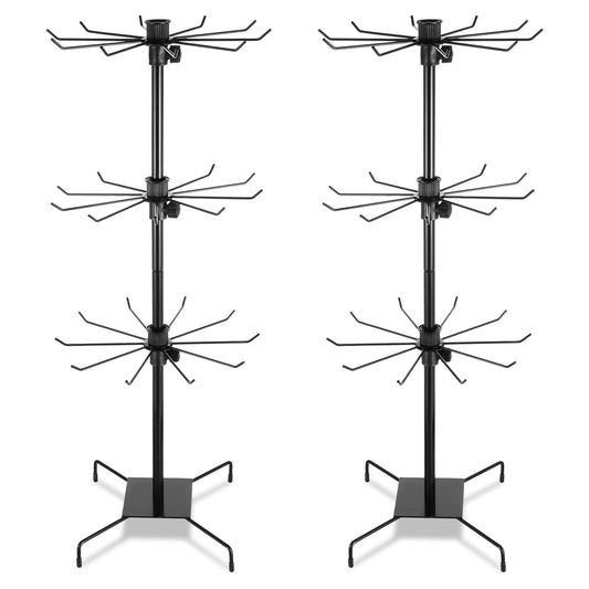 Xaajooio 2 Pcs 3 Tier Rotating Display Stand Black Metal Retail Display Stand with Hooks for Necklace, Bracelet, Earrings, and Keychains, Adjustable Height, 28.35 x 11.81 Inch