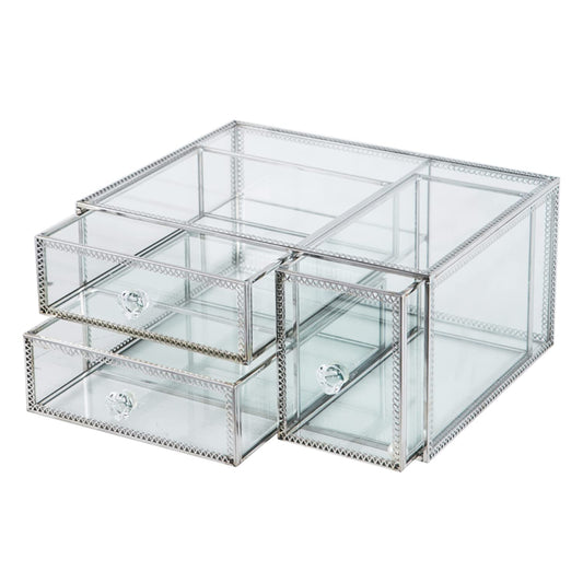 Vellon Vintage Glass Jewelry Box with Drawers, Makeup Desktop Organizer Drawer, Cosmetic Storage, Glass Box for Bracelet/Necklace/Ring/Cosmetic, Keepsake Box, Silver Stainless Steel Frame