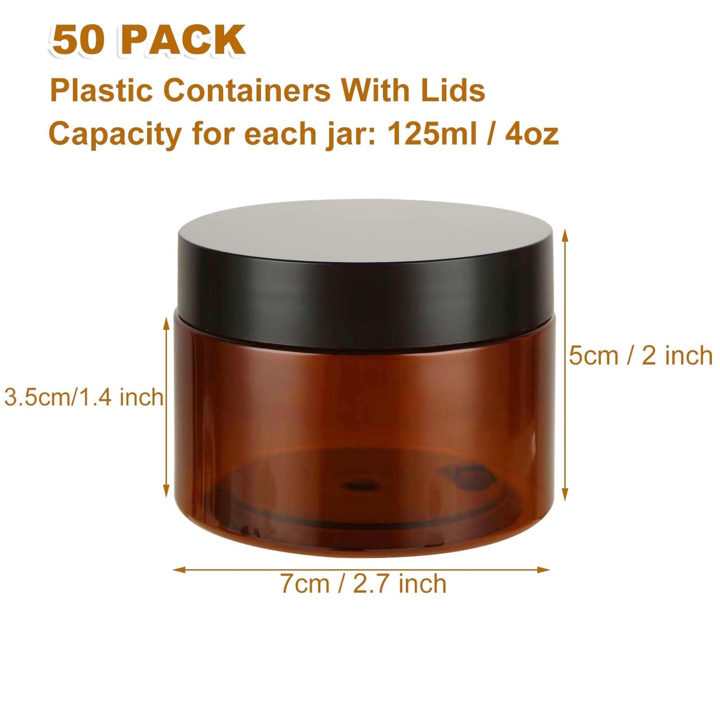 LDHHYH 50 Pack 4oz Amber Plastic Cosmetic Jars with Lids, Refillable Amber Plastics Jar, Empty Leak Proof Plastic Containers with Lids for Cream, Lotion, Cosmetic, Beauty Products Travel Storage