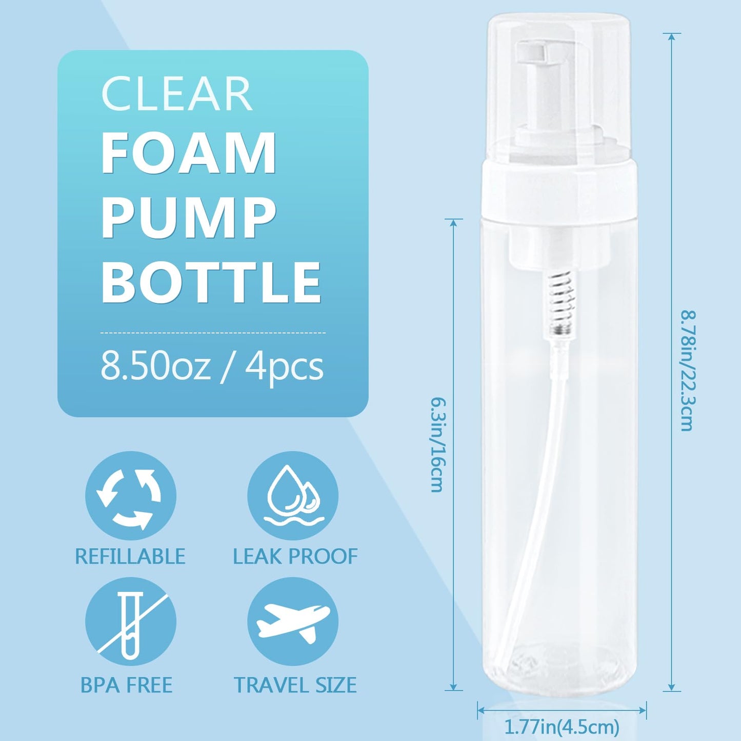 Foam Pump Bottle 8.5oz/250ml Clear Empty Foam Bottle Pump, Travel Foam Bottles for Soap, Shampoo, Cleaning Foam Dispenser Bottle Refillable (4 Pack)
