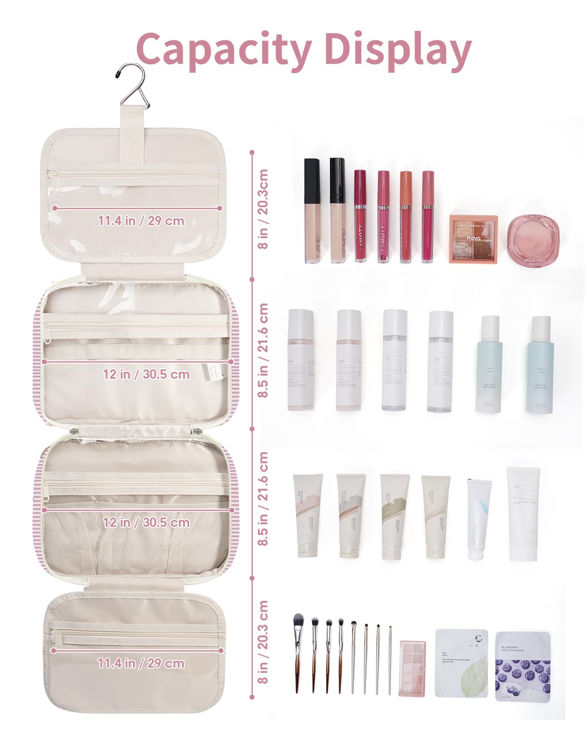 Narwey Striped Travel Toiletry Bag for Women Large Hanging Makeup Bag Organizer Toiletries Bag for Full Size Essentials Accessories Cosmetics (Dusty Pink Stripe (Large))