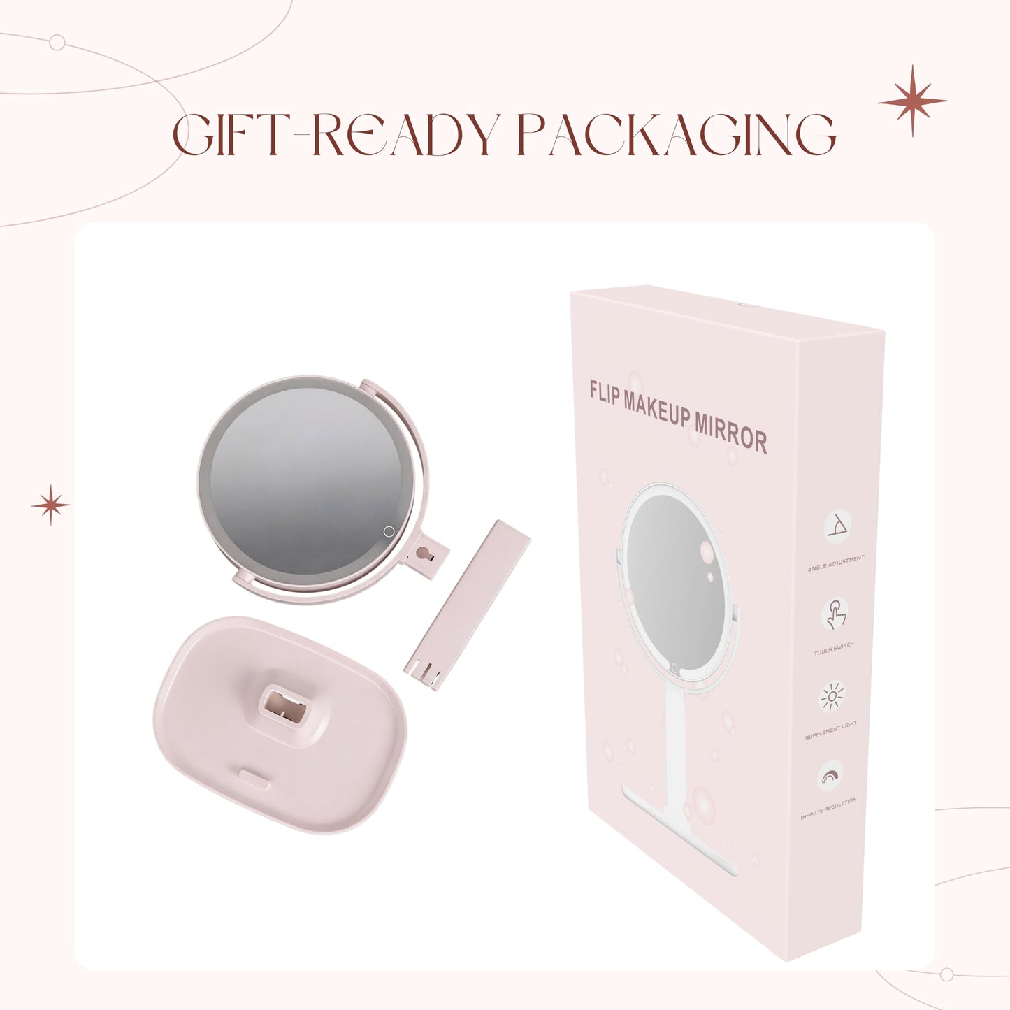 DYMOND Makeup Mirror with Lights, 1X/10X Double Sided Magnifying Mirror with Lights for Vanity Makeup Height Adjustable with Phone Holder Tray, Rechargeable with 3 Colors Dimmable, Pink
