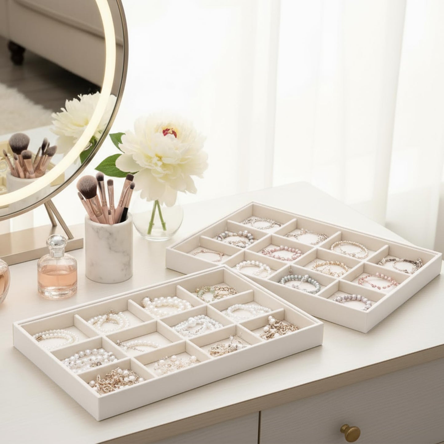 Cinnvoice 4 Pcs Stackable Jewelry Organizer Tray, 12 Grids Velvet Bracelet Ring Necklace Tray, Jewelry Organizer Trays for Drawer Display Selling Bangle Necklace Earring Showcase Storage(Beige)