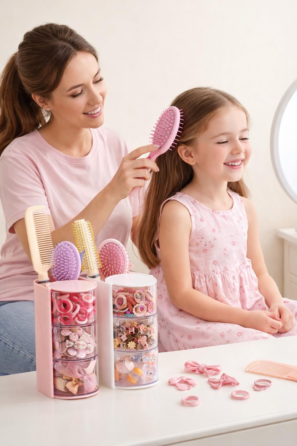 UFORU Hair Accessories Organizer with Hair Brush Holder, 3 Drawer Rotatable Hair Tie Organizer for Makeup Brushes, Hair Clips, Earrings, Necklaces, Bracelets and Hair Accessories, Pink, 3-Layer