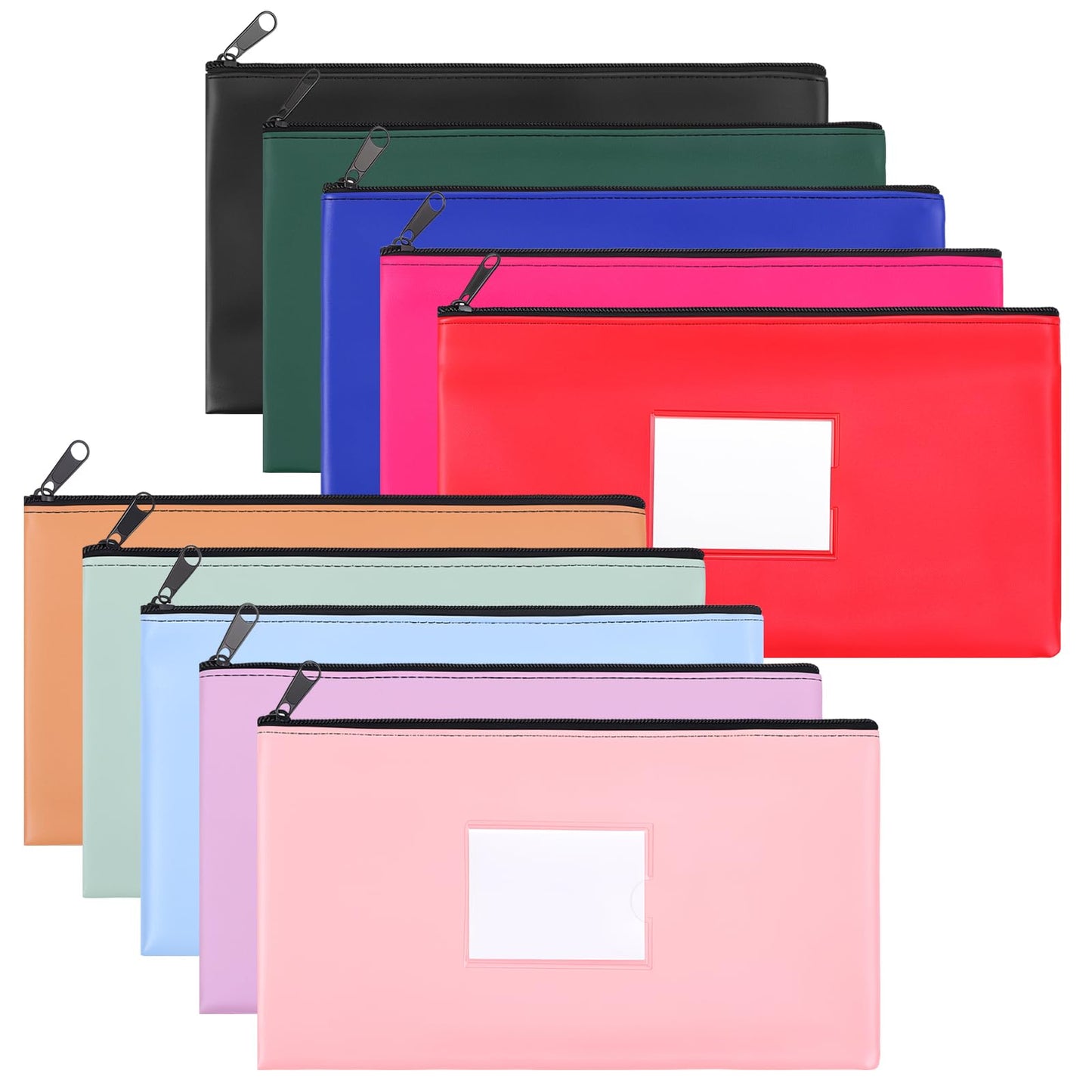 offgrow 10 Pack Money Bags with Zipper, 11 x 6.1 Inch Bank Bag PU Leather Cash Pouch with Label for Coins, Bills, Checks, Receipts, Cards, Travel Items, Cosmetics