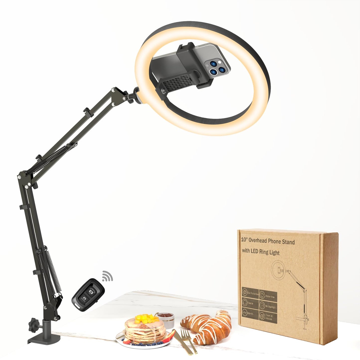 FZYGRAVH 10" LED Ring Light with Overhead Phone Stand, CRI≥95 1200lm Dimmable Lighting, Adjustable Metal Arm with Remote & Phone Holder, for Streaming, Makeup, Zoom Calls, Photography
