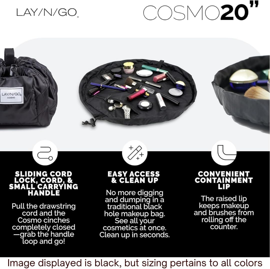 Lay-n-Go Cosmo Drawstring Cosmetic & Makeup Bag Organizer - Portable Drawstring Makeup Bag w/Zipper Pocket, Makeup Loops & More - Durable, Machine Washable Toiletry Bag (20", Comfort/Black Sherpa)