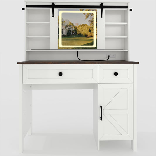 Garvee Vanity Desk with LED Lighted Mirror & Power Outlet, Makeup Table with 3 Drawers, Cabinet & Storage Stool, Dressing Table with Shelves for Bedroom, White