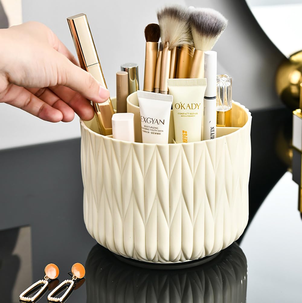 Yoohailor Rotating Makeup Brush Holder - Beige 5 Slot 360° Spinning Organizer for Vanity Desk, Cute Aesthetic Storage for Women, Multi-purpose Pen Pencil Caddy for Office Home Art Supplies