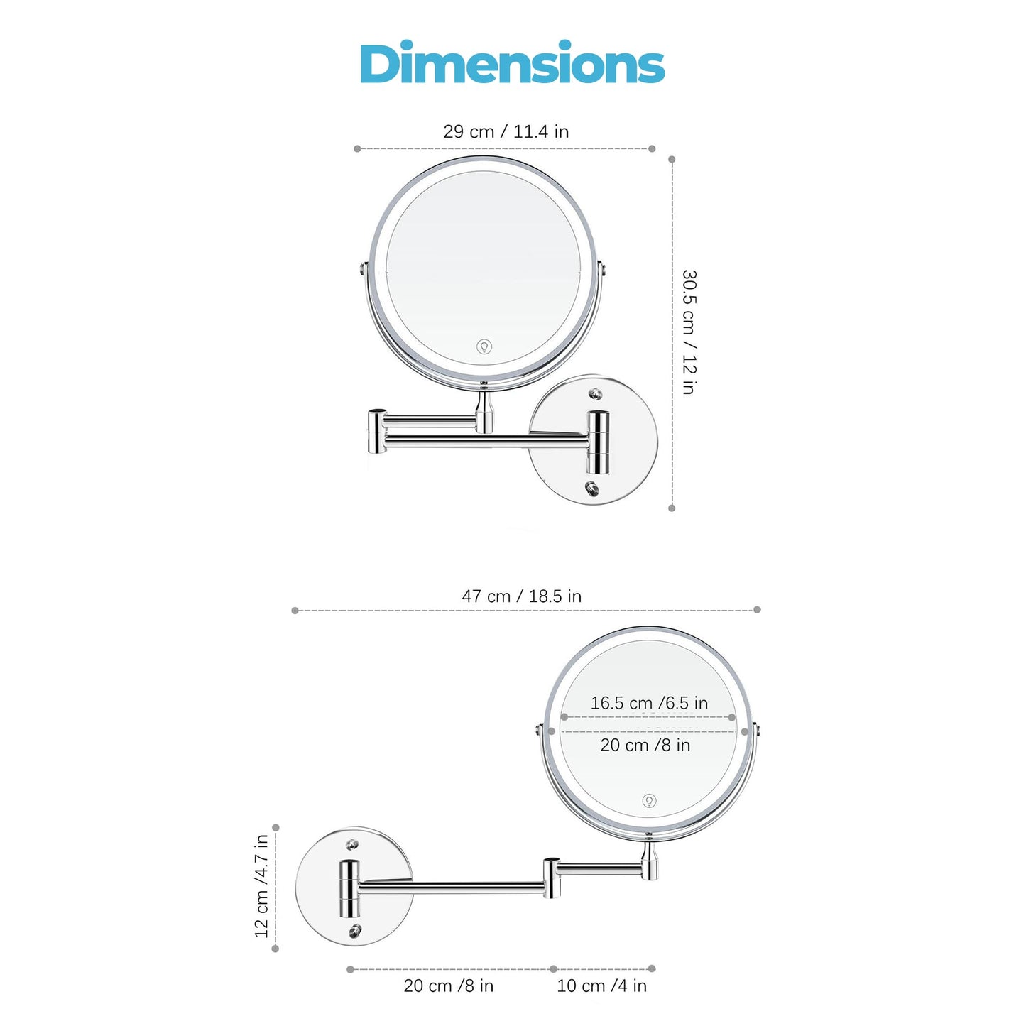 Fab Glass and Mirror Lighted Vanity Wall Mirror 1X/10X Magnifying, 8" Rechargeable 2000mAh Wall Mounted Makeup with 3 Color LED, Double-Sided Bathroom Touch Dimmable 360 Rotation Chrome