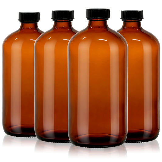turvono 4 Pack 32 oz Amber Glass Boston Round Bottles with Phenolic Polycone Caps – Airtight, Leak-Proof Brown Bottles for Kombucha Brewing, Essential Oils, Storing Condiments, and Homemade Solutions
