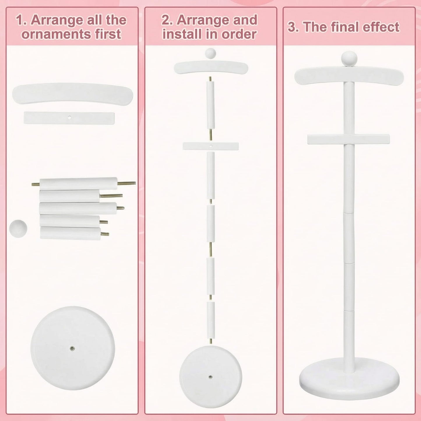 Bucherry 2 Pack Baby Clothes Display Stand Wooden Baby Shower Centerpiece Adjustable Height Circle Shaped Dress Hanger Doll Dress Outfit Stand Rack Hand Assembled Hangers Display Set (White Color)
