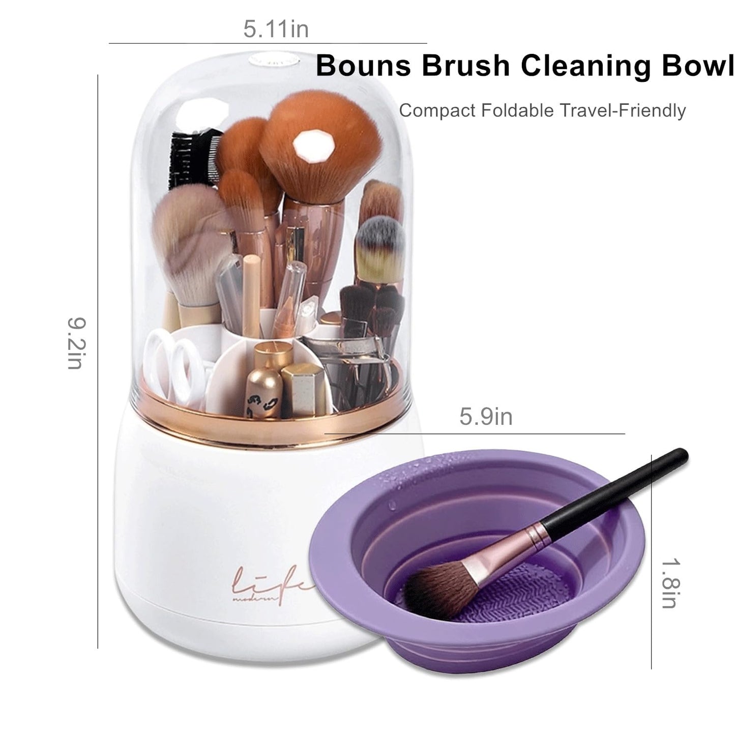 YZEASYPINK 360 Rotating Makeup Brush Holder with Lid,Clear Dustproof Make Up Organizers for Vanity Countertop,Includes a Foldable Bowl for Cleaning Makeup Brush,Transparent, Dustproof-Green