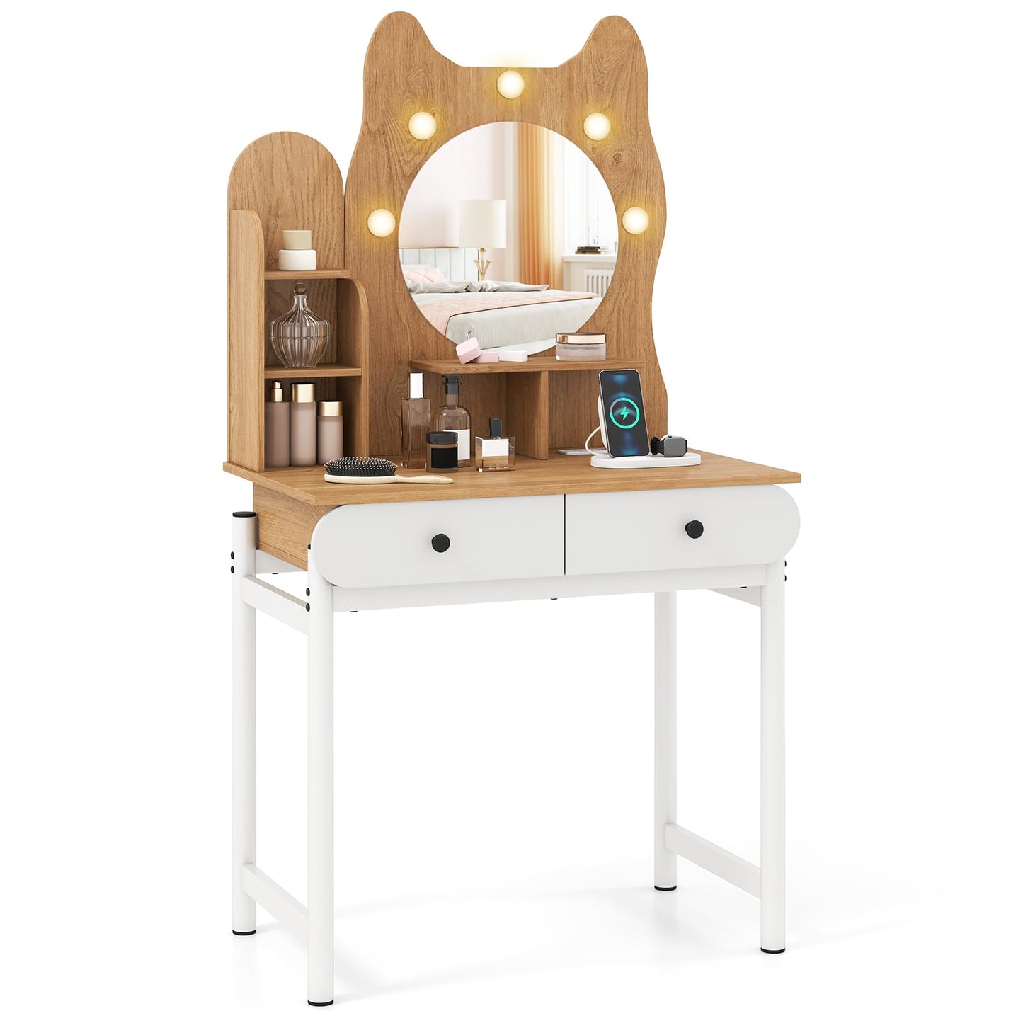 LOKO Cute Cat-Themed Vanity Desk, 31.5" Makeup Table with Kitty Ear Design, Charging Station, 3-Color LED Bulbs, Dimmable Brightness, Open Shelves & 2 Drawers, Modern Dressing Table for Women, Girls