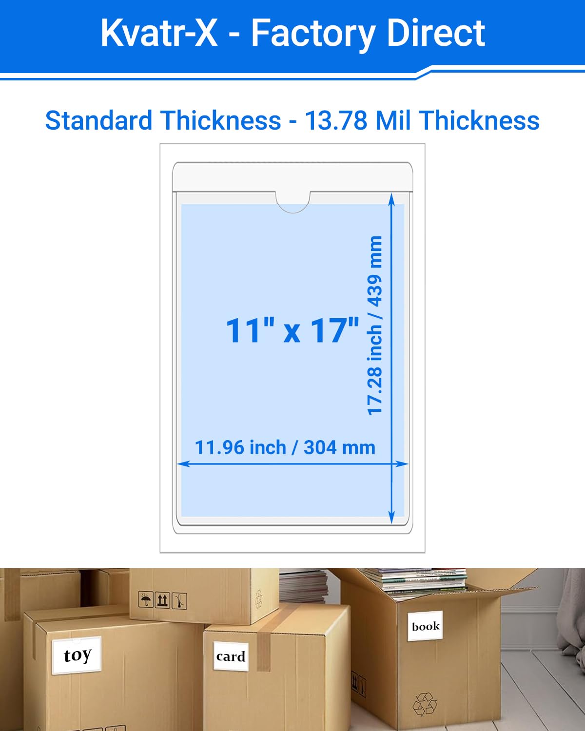 Kvatr-X 20 PCS Clear Self Adhesive Plastic Label Pockets, Top Loading Business & Library Index Card Holders, Peel and Stick Sleeves for Storage Bins, Totes, Binders and Drawers (11 x 17 Inch)