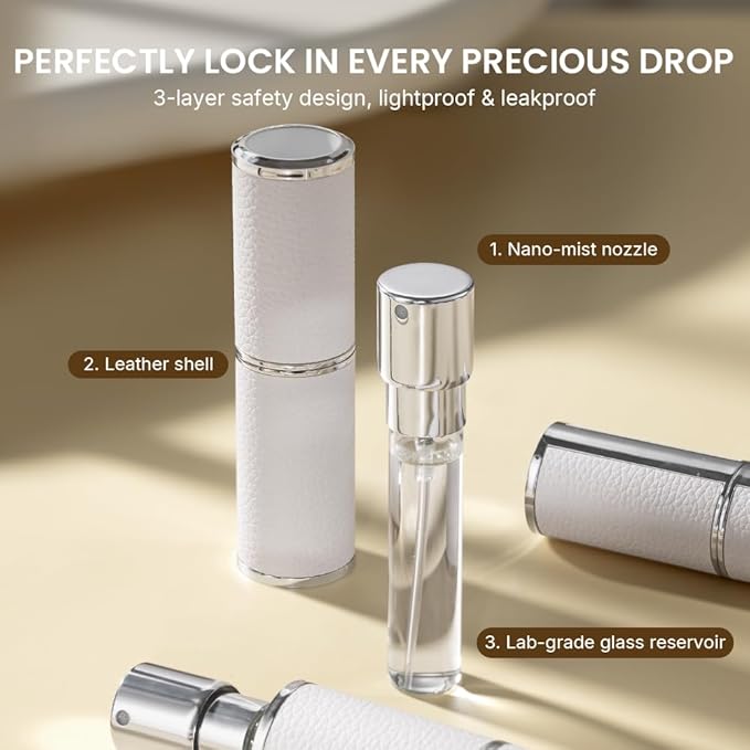 Perfume Atomizer, Rotary-Lift Nozzle, Cap-Free, Leather Refillable Spray Bottle, High-end Portable Dispenser, Travel Size TSA Approved 0.27oz/8 ml (White Black)