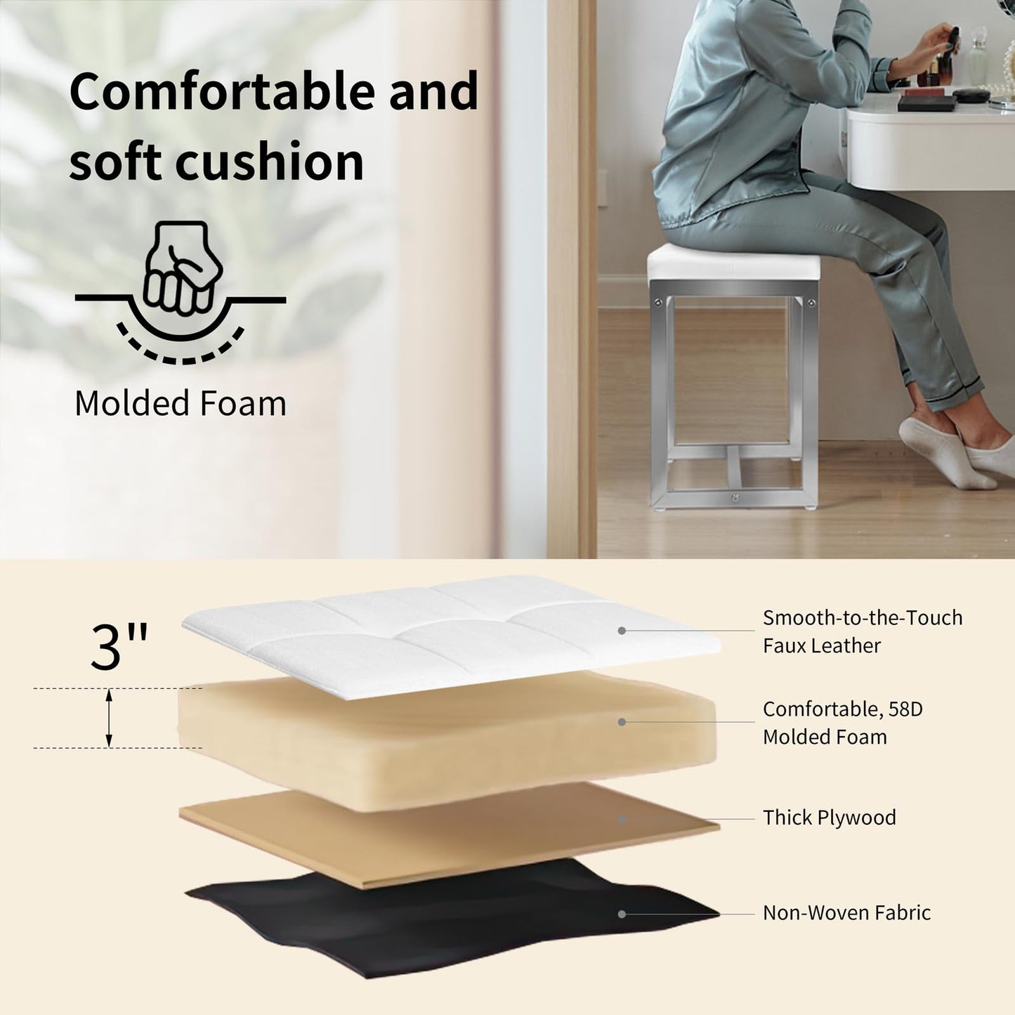 FLYZC Vanity Stool Chair, Modern PU Leather Ottoman Foot Rest for Vanity Bench with Silver Metal Legs, Multifunctional Chairs for Makeup, Bedroom, Living Room, Small Makeup Stools White&Silver