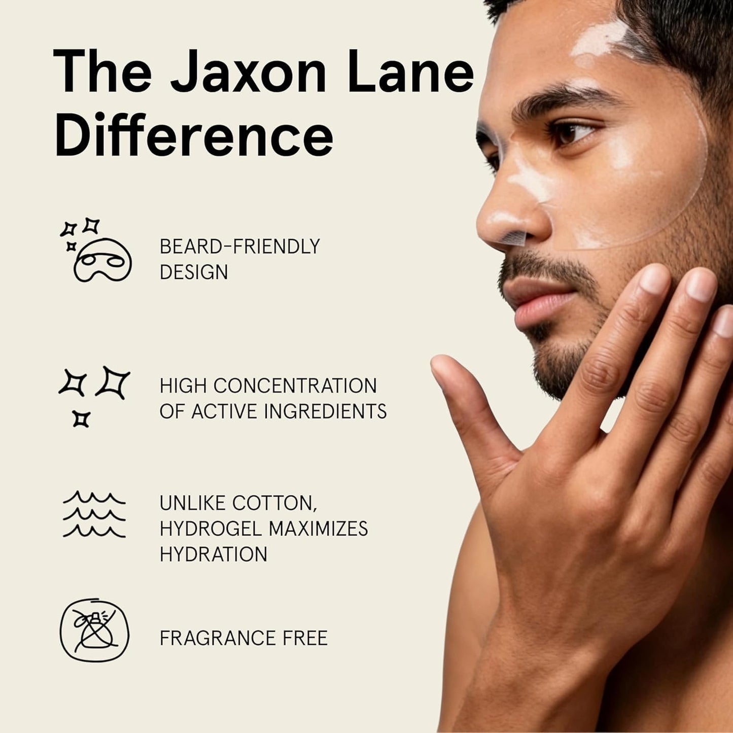 JAXON LANE Men’s Korean Hydrating Face Mask, Beard-Friendly Half Sheet Hydrogel Face Mask with Collagen, Hyaluronic Acid and Vitamin B, Vegan, 5 Pack
