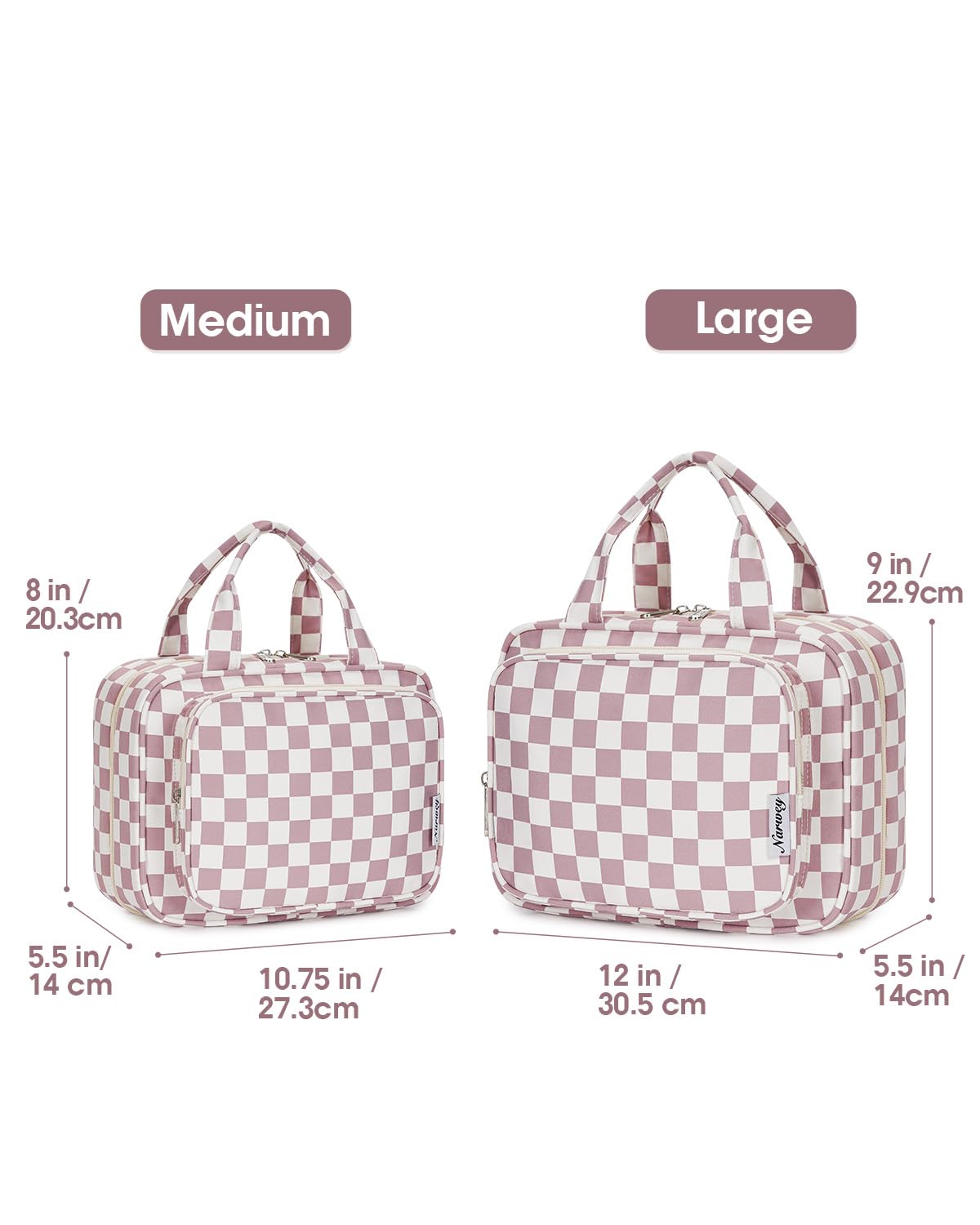 Narwey Travel Toiletry Bag for Women Large Hanging Makeup Bag Organizer Toiletries Bag for Full Size Essentials Accessories Cosmetics (Dusty Pink Checkerboard (Large))