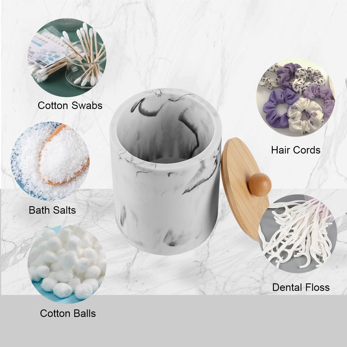 Tonxus Bathroom Qtips Jars with Lid,Vanity Cotton Swab Holder,Resin Apothecary Dispenser Container,Marble Makeup Sponges Canister,Bath Salts Storage Organizer Box (Marble White with Bamboo Lid of 2)
