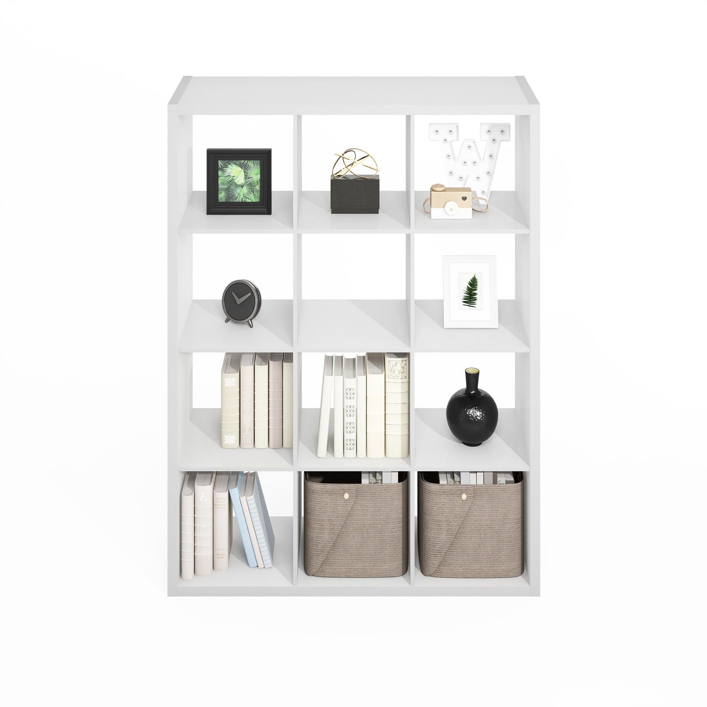 Furinno Simple Cube Storage Organizer, 12-Cube Display Shelf, Open Back Shelving Unit, Storage Shelves, Extra Thick Frame, for Organization and Storage, Living Room, Home Office, White