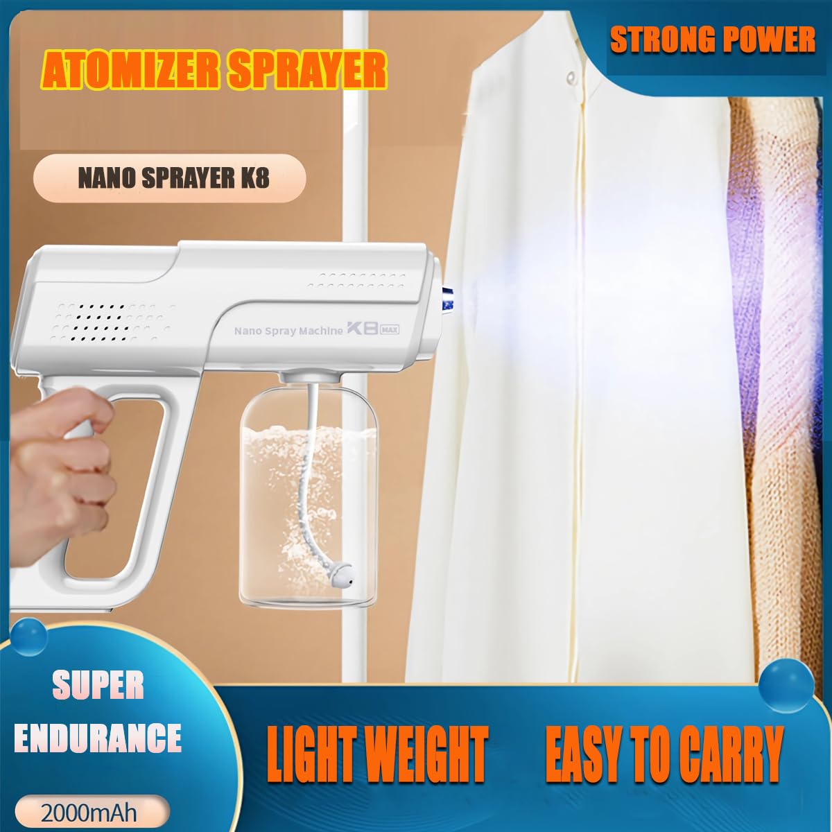 Nano Mist Atomizer Sprayer USB Rechargeable, Handheld Electrostatic Fine Fog Spray Gun with Blue Light Design for Hair Styling, Facial Mist, Barber Shop, Beauty Salon, Home & Travel Use