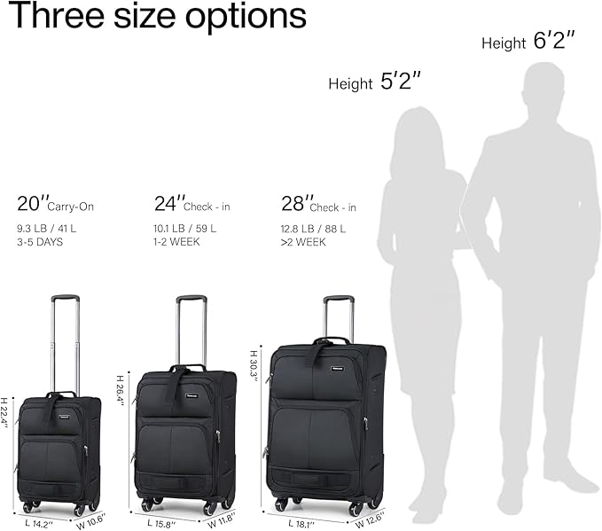 Hanke 3 Piece luggage Sets Softside Expandable luggage with Spinner Wheels TSA Lock,Travel Lightweight Luggage Sets,Black