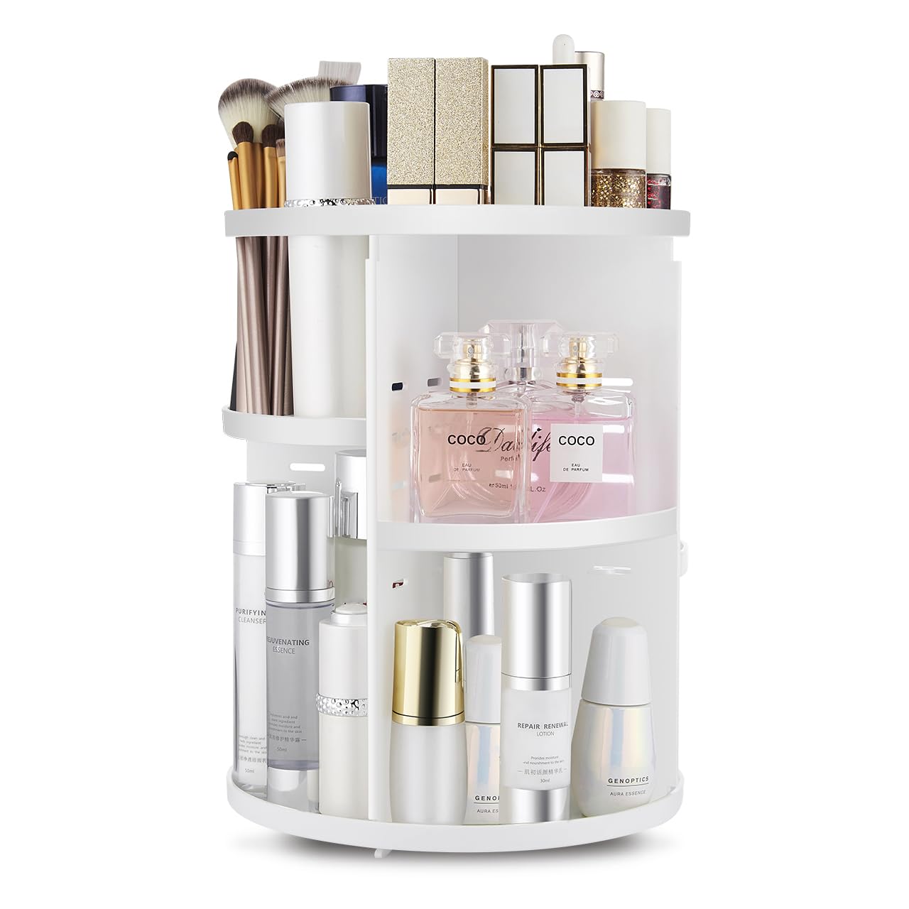 seinlife 360 Rotating Makeup Organizer,DIY Adjustable Spinning Holder,Foldable Cosmetic Storage Display box,Large Capacity Make up Caddy Shelf,Fits Countertop Vanity and Bathroom (WHITE)