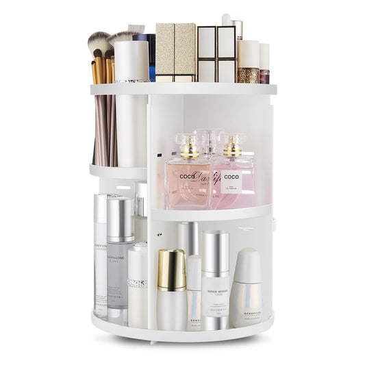 seinlife 360 Rotating Makeup Organizer,DIY Adjustable Spinning Holder,Foldable Cosmetic Storage Display box,Large Capacity Make up Caddy Shelf,Fits Countertop Vanity and Bathroom (WHITE)