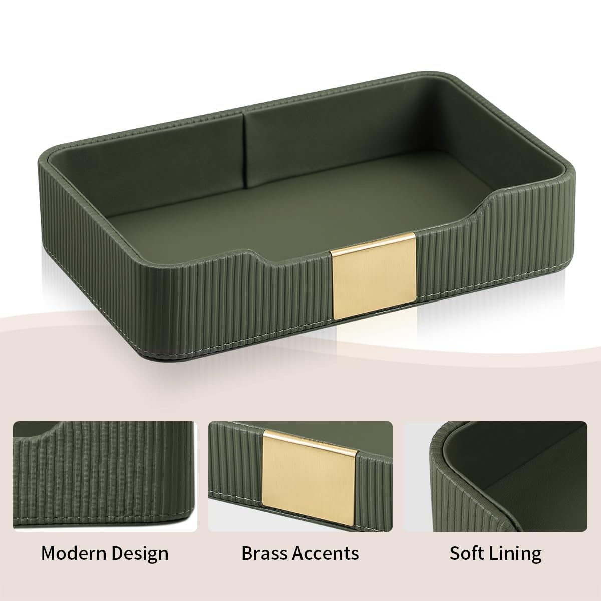 Cretkhp Valet Tray Desktop Storage Organizer, PU Leather Catchall Bedside Vanity Tray with Brass Accents Block Nightstand Organizer for Keys Watch Wallet Phone, Decorative Nightstand Storage (Green)