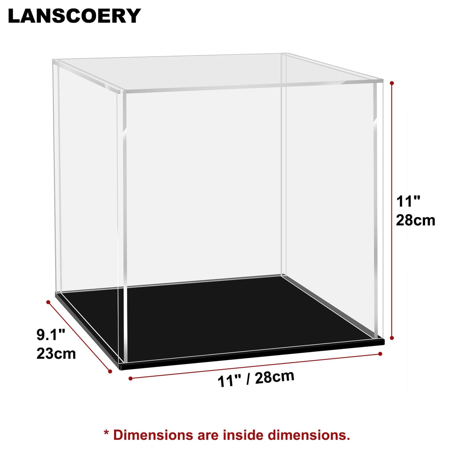 LANSCOERY Acrylic Display Case, Assemble Showcase Display Box for Collectibles, with Dustproof & Seamless Display Design, 11x9.1x11inch Black Base