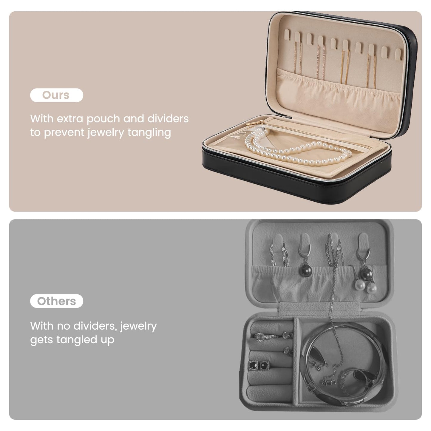 Lolalet Travel Jewelry Case for Women Girls, Travel Jewelry Organizer Box with Mirror & Clear Storage Bag, Small Portable Earring Necklace Bracelet Ring Case, Birthday Valentine Gifts -Medium, Black