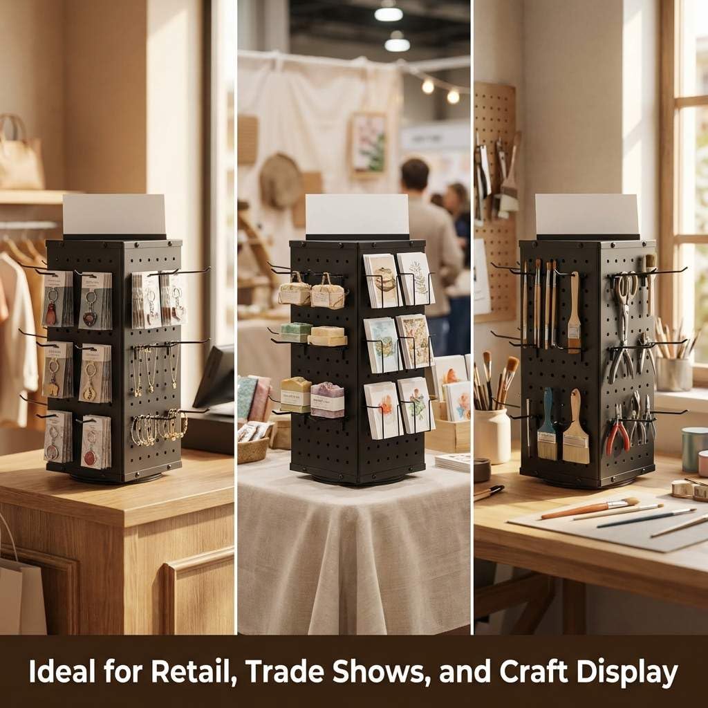 QWORK Rotating Metal Pegboard Display Stand – 4-Sided Spinner with 24 Hooks for Jewelry, Craft & Retail Use