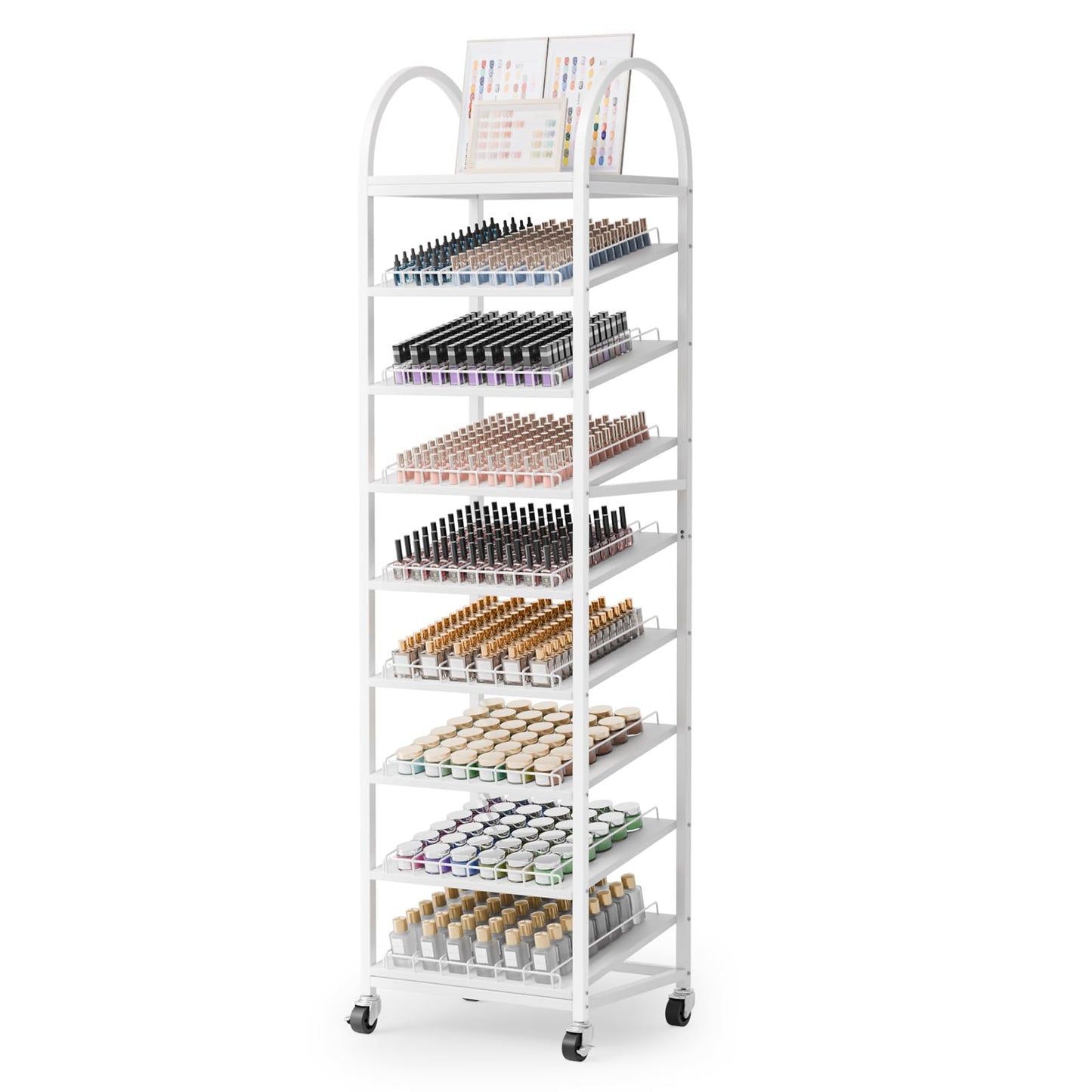 OmySalon Rolling Nail Polish & Powder Display Stand - 8 Tier Mobile Nail Salon Organizer Rack with Wheels, Holds 600 Bottles & 240 Jars for Nail Artists, Salon Display, Retail Store (White)