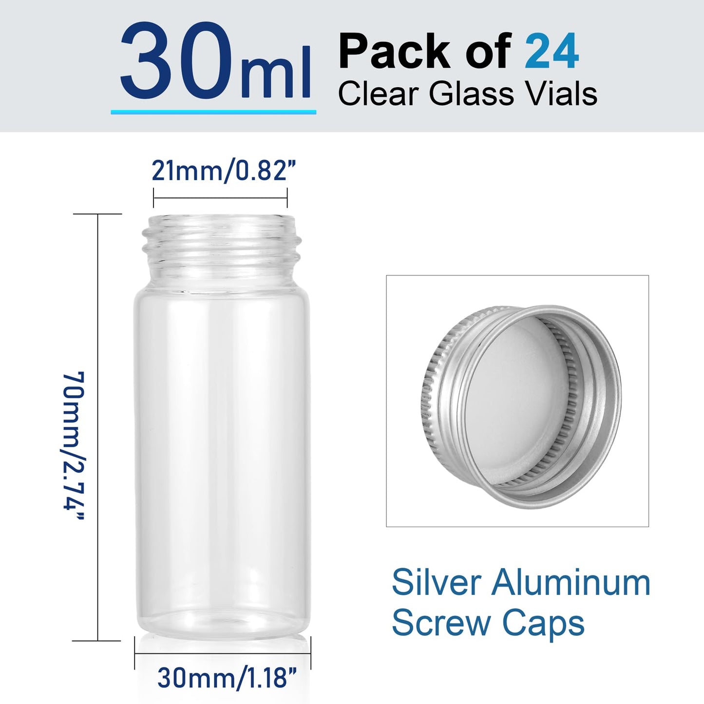 Njvial 24Pcs 30ml/1oz Empty Tiny Jars Small Lab Sample Vials with Lids, Refillable Mini Glass Bottles with Silver Aluminum Screw Caps for DIY Crafts Essential Oils Storage Wedding Decoration