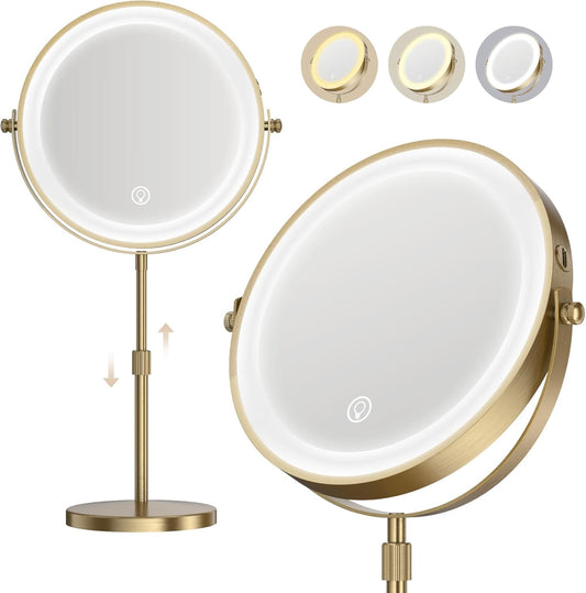 Makeup Mirror with Lights, 1x/20x 360° Rotation Vanity Mirror, Brightness Adjustable Lighted Makeup Mirror with Magnification, 5000 mAh Rechargeable Double Sided Mirror with 3 Colors, Gift for Women