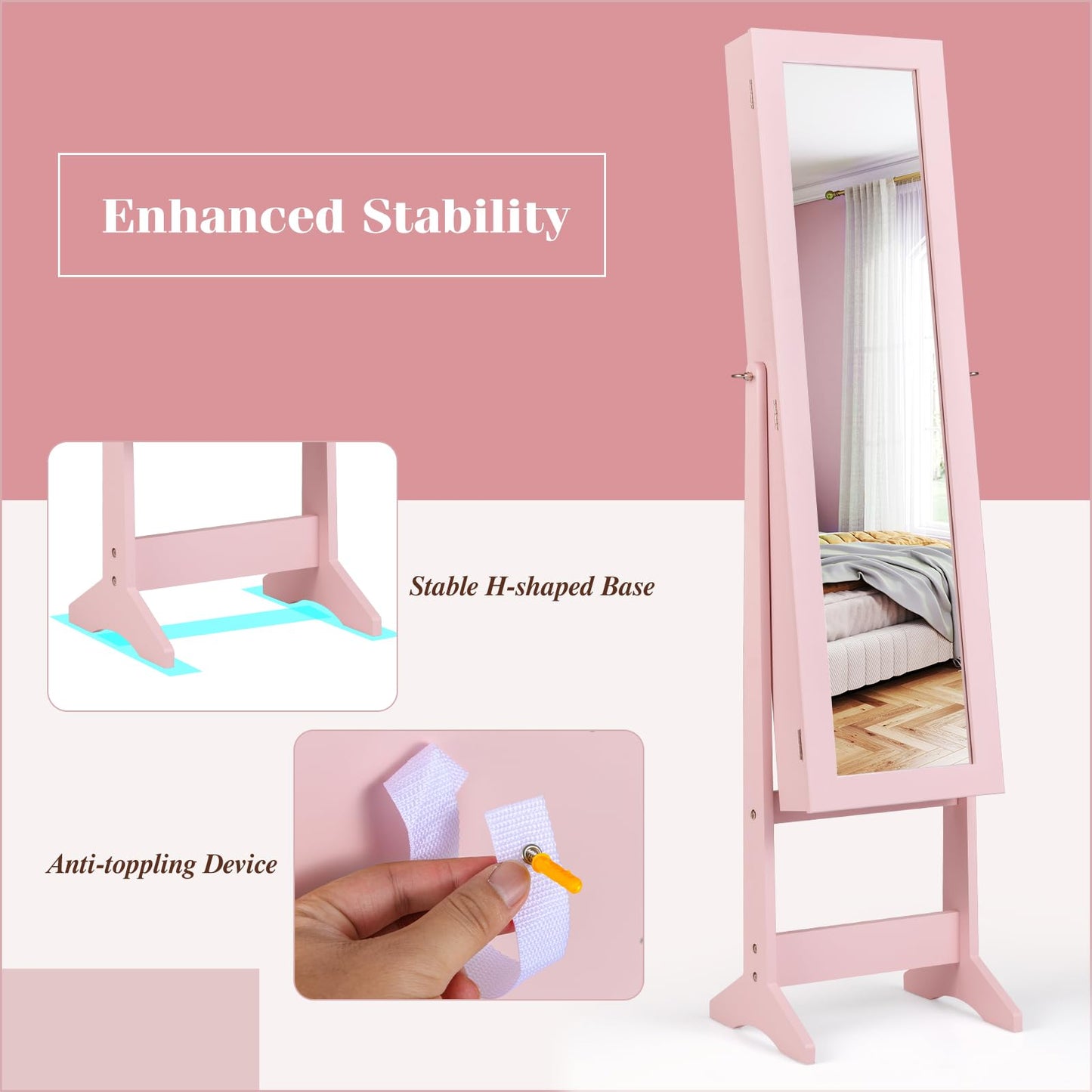 Giantex Jewelry Armoire with Full Length Mirror, Standing Jewelry Cabinet Organizer with 3 Tilting Angles, Bedroom Dressing Mirror with Large Storage for Earrings, Rings, Necklaces, Light Pink