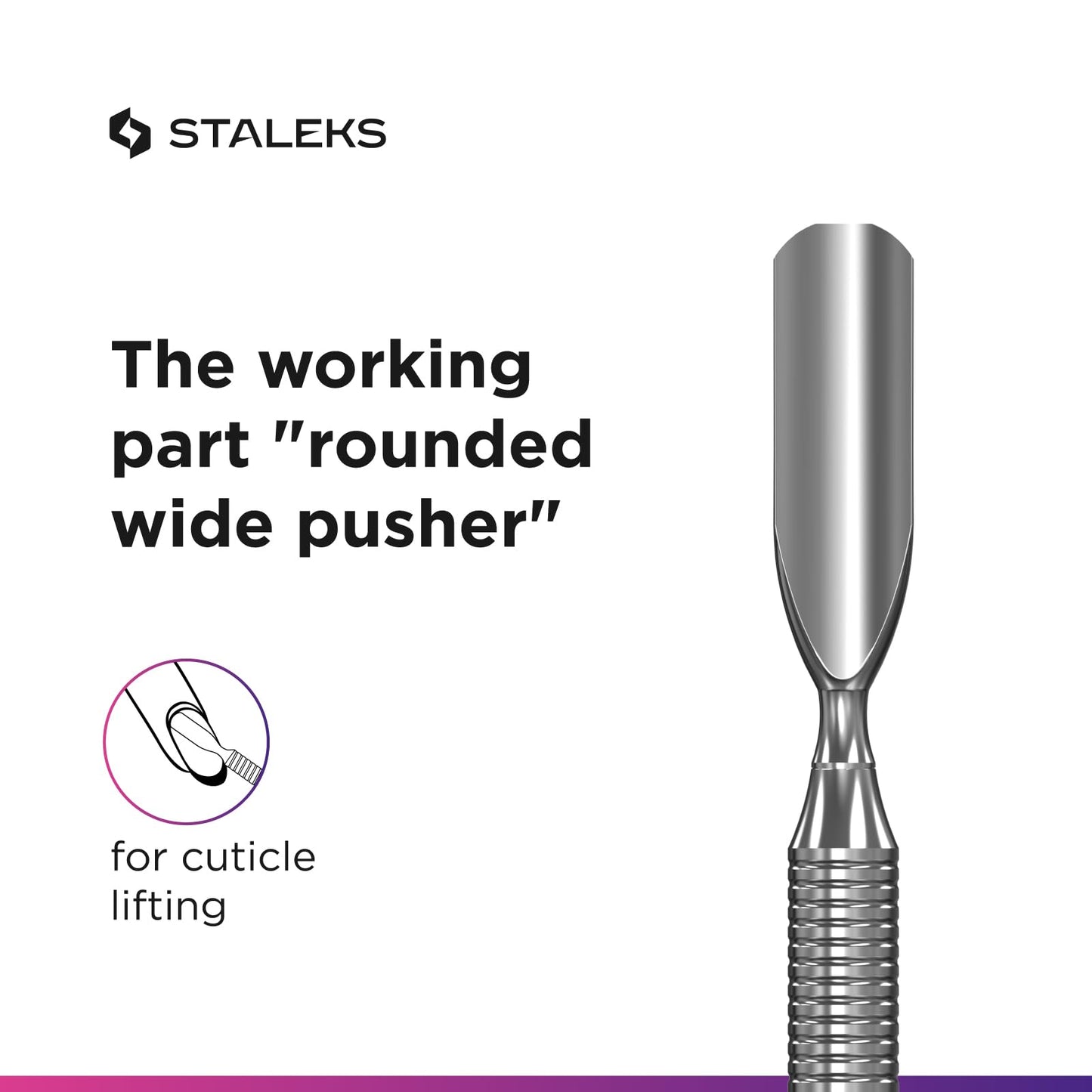 Staleks Pro Manicure Pusher EXPERT 90 Type 2 – Beveled & Rounded Wide Ends – Stainless Steel – Non-Slip Handle