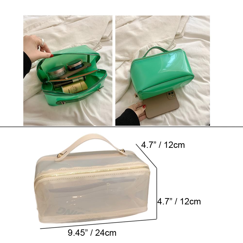 EURYNOME Clear Makeup Organizer Bag Semi Transparent Travel Makeup Bag Leather Handle Clear Cosmetic Bag with Zipper, Portable Cosmetic Organizer Large Makeup Bags for Women (white)