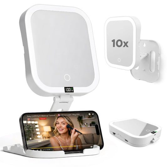 Listeadio Travel Makeup Mirror with Lights, 10X/1X Magnifying Mirror, Adjustable Height Angle and Digital Power Display, 3 Colors Dimmable Rechargeable Led Compact Light, Foldable Portable for Travel