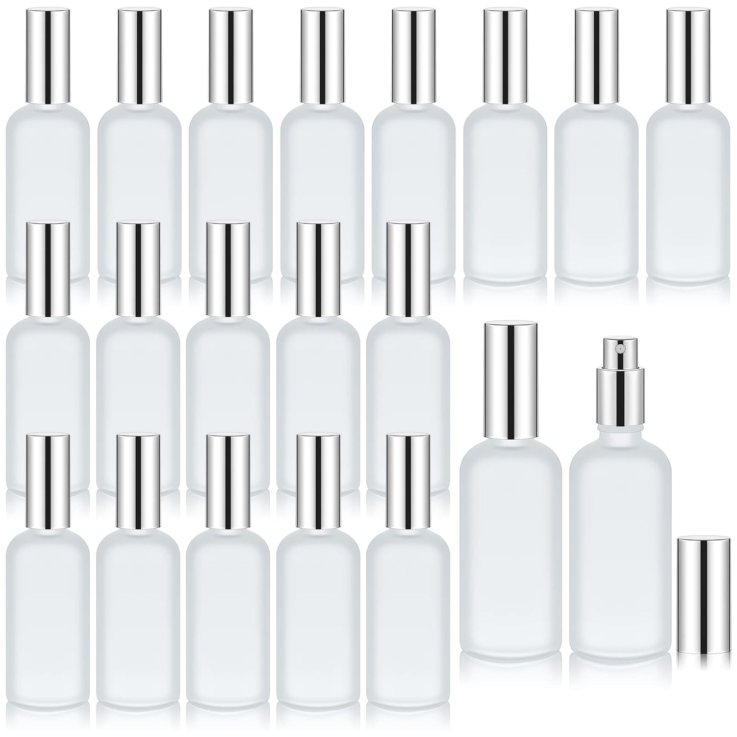 Tessco for you 20 Pcs 30/60/100 ml Glass Spray Bottles Frosted Empty Perfume Bottle Atomizer Refillable Clear Bottle with Fine Mist Sprayer Pump for Room Face Travel Business (Silver, 3.4 oz)