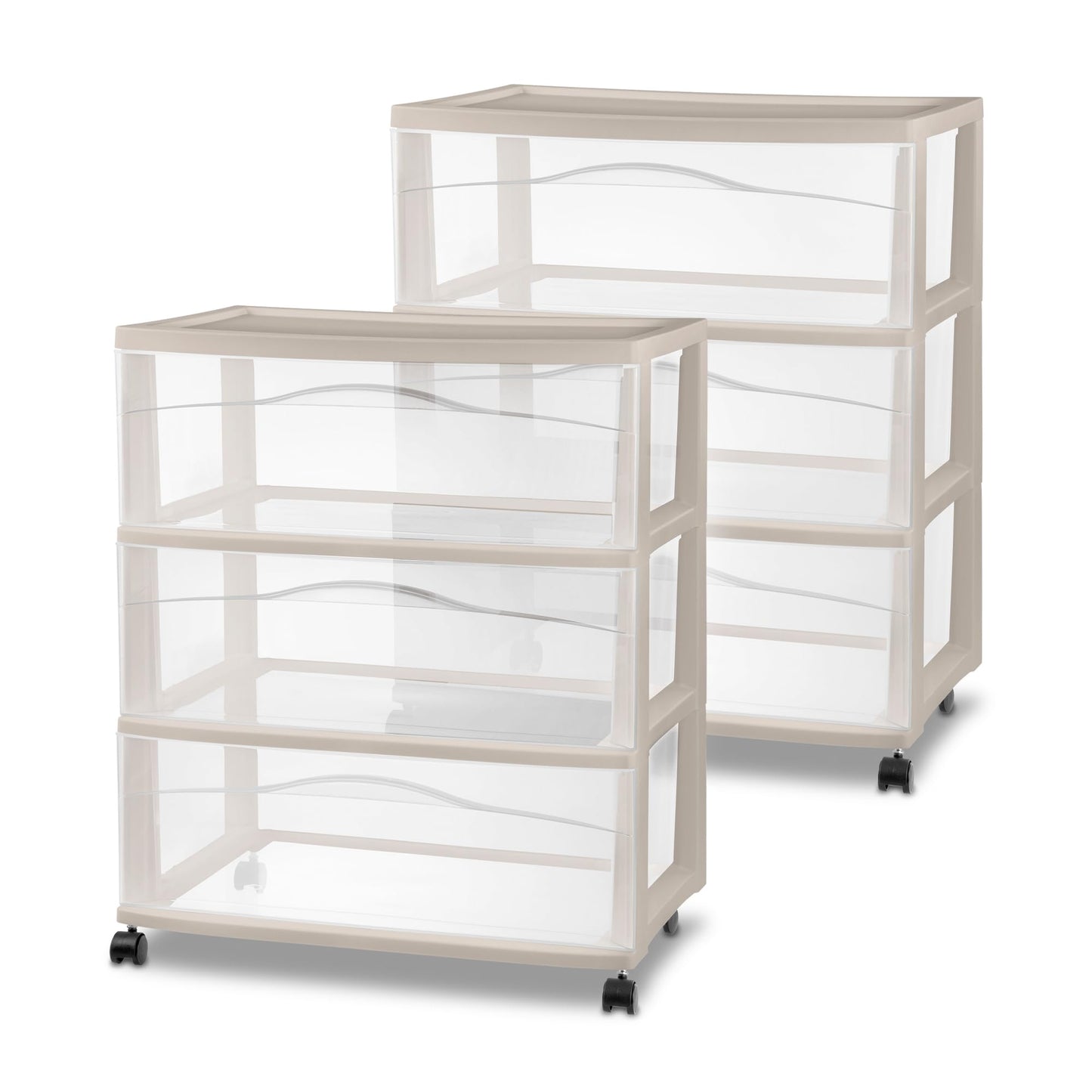 Sterilite 2 Pack Wide 3 Drawer Storage Cart, Rolling Organization, Grey