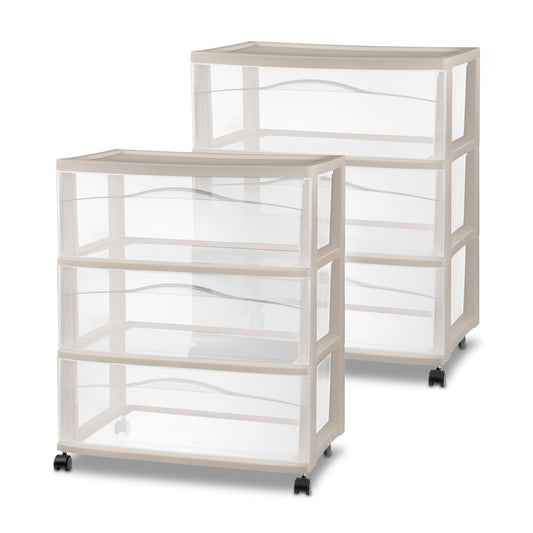 Sterilite 2 Pack Wide 3 Drawer Storage Cart, Rolling Organization, Grey