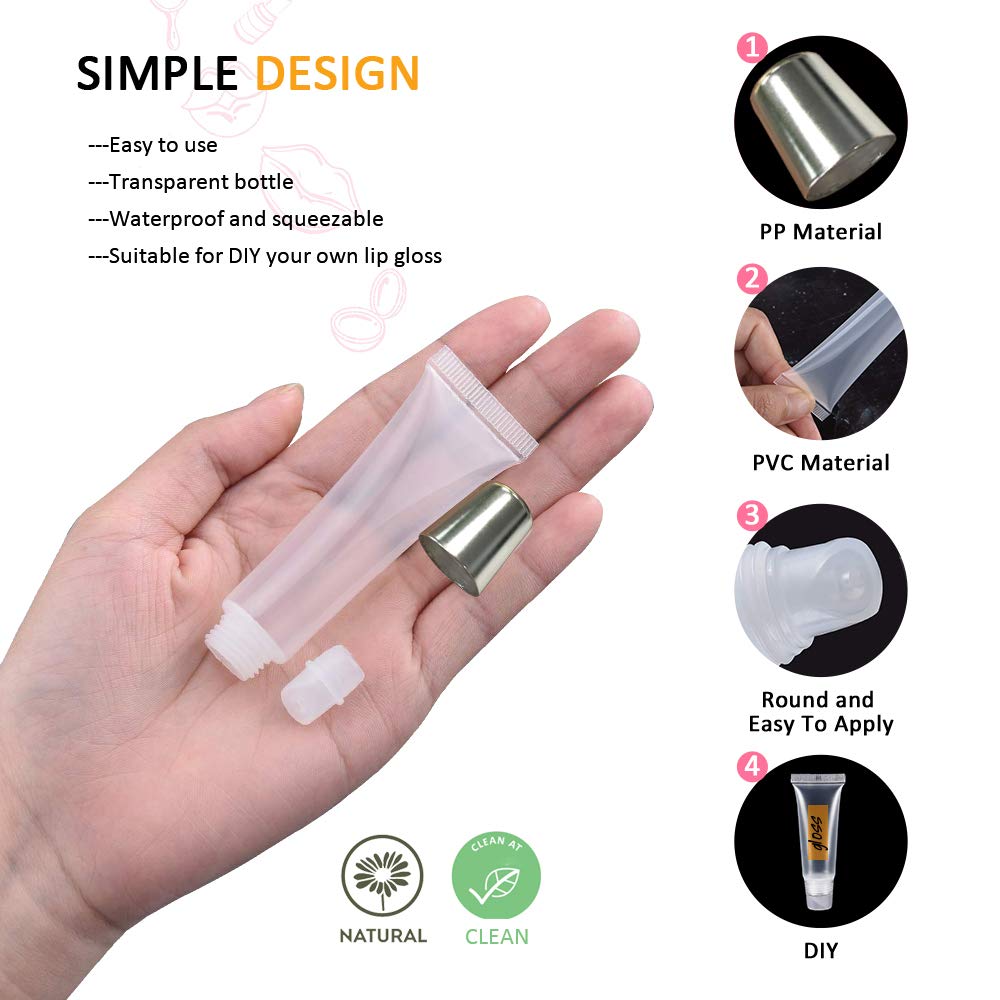 50PCS Silver Cap Lip Gloss Containers - Refillable Cosmetic Squeeze Tubes + 2 x 20ml Syringes & Labels for DIY Lip Gloss Base