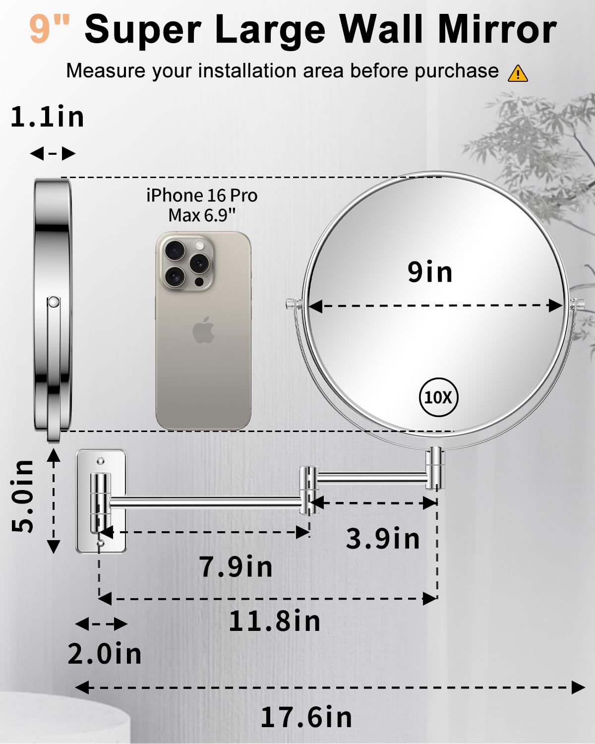 Gospire 9 Inch Extra Large Wall Mounted Mirror with 1X/10X Magnification, 360° Swivel & Extendable, Chrome Polished Finish for Bathroom Vanity, Shaving & Makeup (Men & Women)